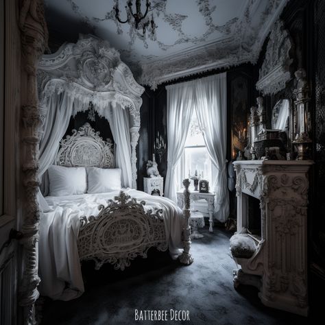 Gorgeous White Gothic Bedroom Gray Gothic Bedroom, Mid Evil Bedroom, Goth Bedroom Aesthetic Victorian, Gothic Inspired Interior Design, Gothic Bedroom Victorian, Classy Gothic Bedroom, Gothic Architecture Bedroom, Gothic Vampire Room Aesthetic, Gothic Princess Room