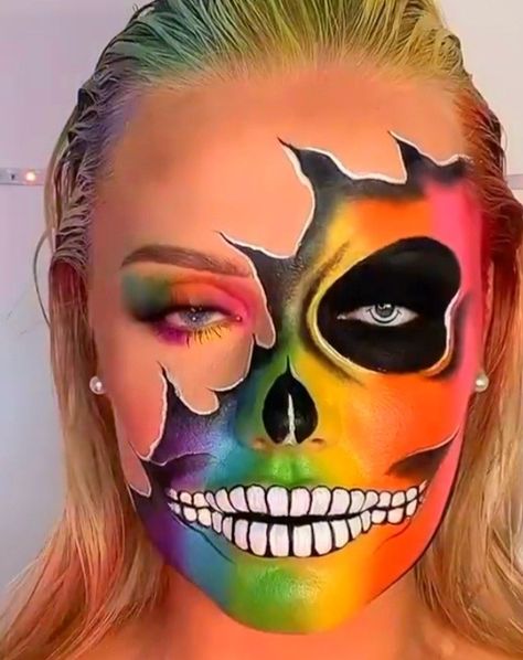 Pop Art Skull Makeup, Rainbow Sugar Skull Makeup, Skeleton Makeup Colorful, Colorful Skeleton Makeup, Cool Halloween Makeup Creative, Color Wheel Makeup, 3d Makeup Looks, Rainbow Skeleton Makeup, Cool Face Paint Ideas