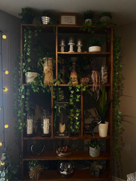 Green Witch Apartment Aesthetic, Swamp Aesthetic Decor, Witch Aesthetic Shelves, Fairycore Apartment Aesthetic, Moss Aesthetic Room, Nature Goth Decor, Nature Goth Aesthetic Room, Goth Fairy Decor, Gothic Botanical Aesthetic