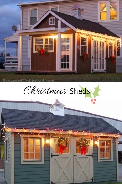 Two great ways to decorate your shed for the holidays! These festive Christmas sheds will make you feel like you stepped into a Christmas village and will put you in the holiday mood! Sheds Decorated For Christmas, Shed Christmas Decorations, Christmas Sheds Decorating Ideas, She Shed Christmas Decorations, Christmas Shed Decor, Christmas Shed, Office She Shed, Concrete Front Steps, Loafing Shed