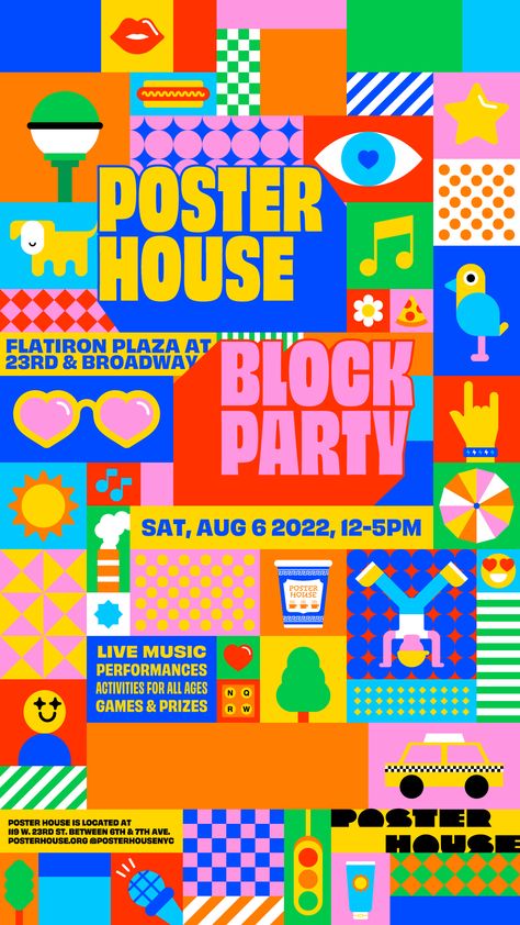 Block Poster Design, Block Party Graphic, Bright Poster Design, Block Party Graphic Design, Holiday Campaign Design, Block Party Poster Design, Color Block Poster, Party Posters Design, Community Event Poster