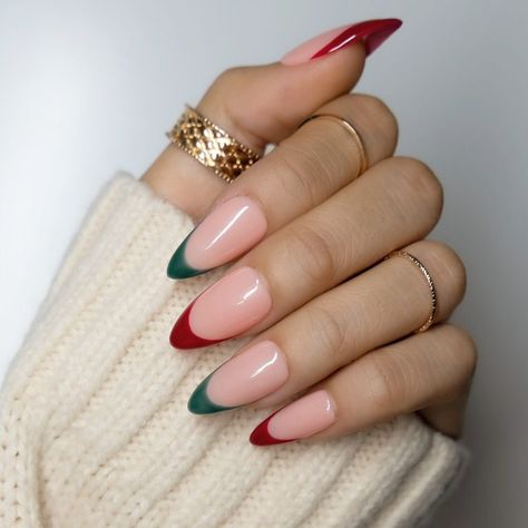 17+ GORGEOUS Red And Green Christmas Nails Ideas For 2023 Christmas Nails Red And Green French Tip, Red And Green French Tip Nails, Christmas Nails Red And Green, Christmas Acrylics, Red And Green Nails, Mary Nails, Jade Nails, Red Christmas Nails, Tree Nails