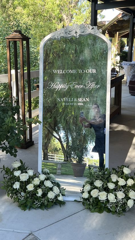 Mirrored Welcome Sign, Welcome Sign For Wedding Entrance Mirror, Welcome To Wedding Mirror, Mirror Walkway Wedding, Mirror Entrance Wedding, Wedding Entrance Sign Mirror, Mirror At Wedding, Wedding Entrance Mirror, Welcome Table Wedding Entrance