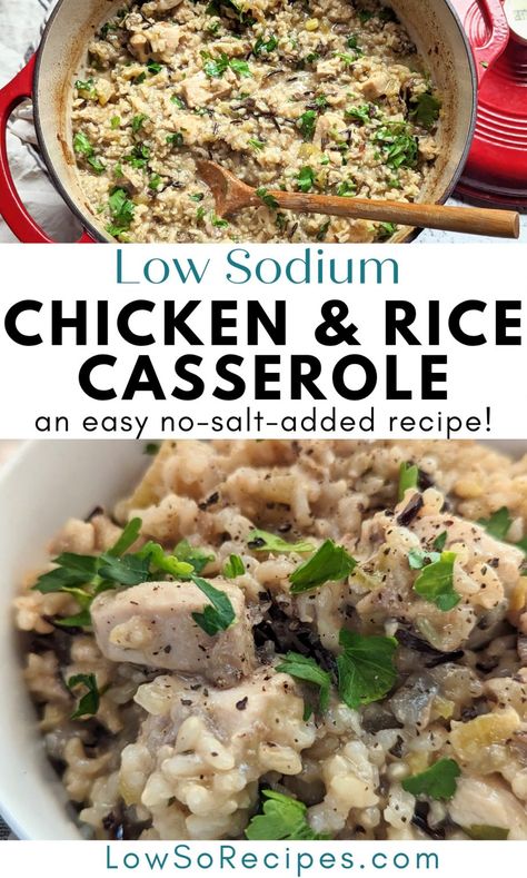 Low Sodium Chicken and Rice Casserole Recipe - Low So Recipes Low Sodium Chicken And Rice, Low Sodium Desserts, Sodium Free Recipes, Low Sodium Recipes Heart, Chicken And Rice Casserole Recipe, Salt Free Recipes, Heart Healthy Recipes Low Sodium, Low Salt Recipes, Renal Diet Recipes