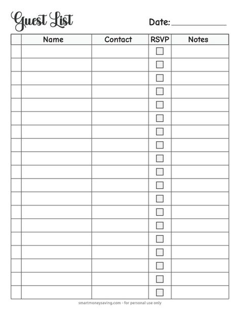 Party Guest List Template Party Guest List Template, Guest Checklist, Guest List Template, Checklist Template, The Guest, List Template, Guest List, Party Guests, Budgeting