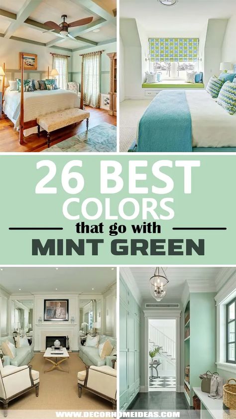 Best Colors That Go With Mint Green. Ever wondered what colors go well with mint green? We have made the perfect selection of colors matching great with mint green for each room - bedroom, living room, bathroom, entryway, and more. #decorhomeideas Mint Furniture Living Room, Paint Colors That Go With Mint Green, Light Mint Green Bathroom, Mint Colored Bedroom, Mint Green Fireplace, Mint Green Rooms Bedroom, Mint Green And Gold Bedroom, Mint Green Living Room Ideas Modern, Bedroom With Mint Green Walls