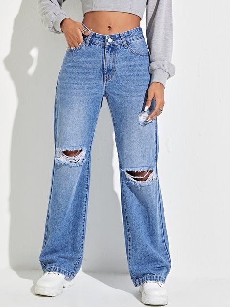 Plain Boyfriend Jeans, Ripped Boyfriend Jeans, Cargo Jeans, Light Wash Denim, Boyfriend Fit, Fashion Clothes, Ripped Jeans, Boyfriend Jeans, Denim Women