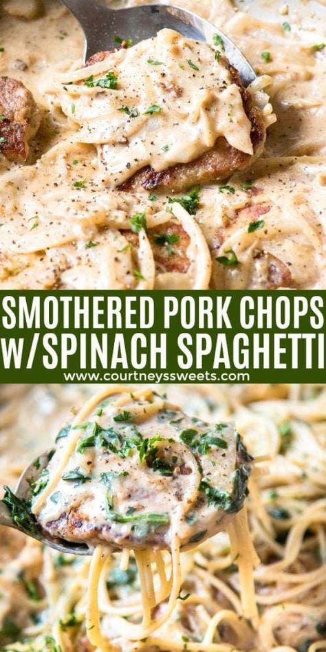 Assorted Pork Chops Recipes, Pork Alfredo, Spinach Spaghetti, Summer Suppers, Recipe With Spinach, Smothered Pork Chops Recipe, Pan Fried Pork Chops, Fancy Foods, Barbecue Pork Ribs