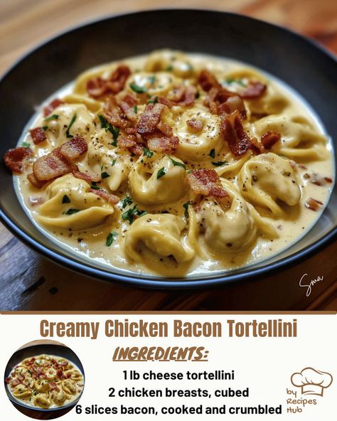 Creamy Chicken Bacon Tortellini Creamy Bacon Tortellini, Chicken Bacon Ranch Tortellini Crockpot, Chicken Bacon Tortellini Recipes, Chicken Cheese Tortellini Recipes, Chicken Bacon Tortellini, Meals With Tortellini, Bacon Tortellini Alfredo, Chicken Tortellini Recipes, Bacon Tortellini