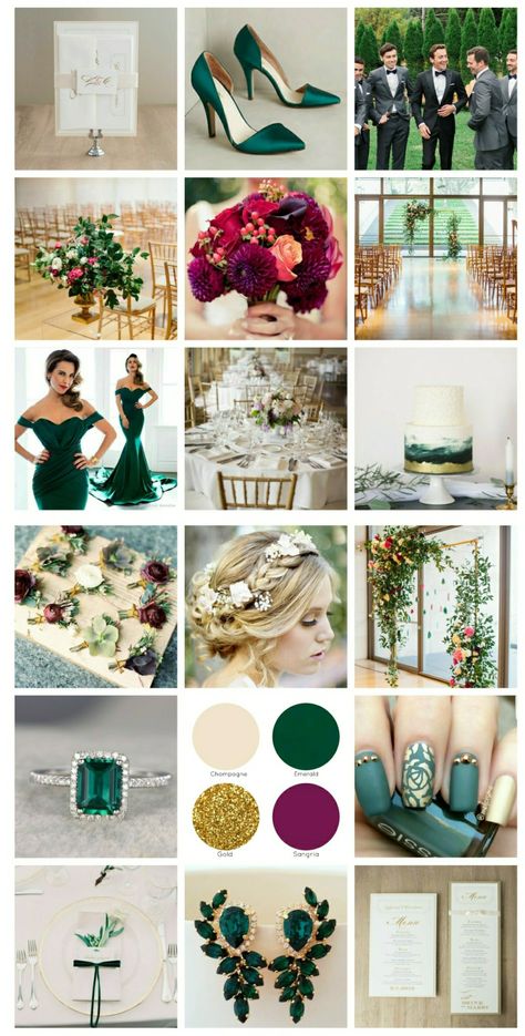 Dream Wedding  Champagne, Emerald, Gold , & Sangria.  Jewel tones. Plum Emerald Gold Wedding, May Wedding Themes Color Schemes, Emerald Ruby Wedding, Jewel Tone And Champagne Wedding, Emerald Green And Sangria Wedding, Emerald Plum And Gold Wedding, Emerald Green Spring Wedding Color Combos, Emerald And Rose Gold Wedding Theme, Emerald Champagne Wedding