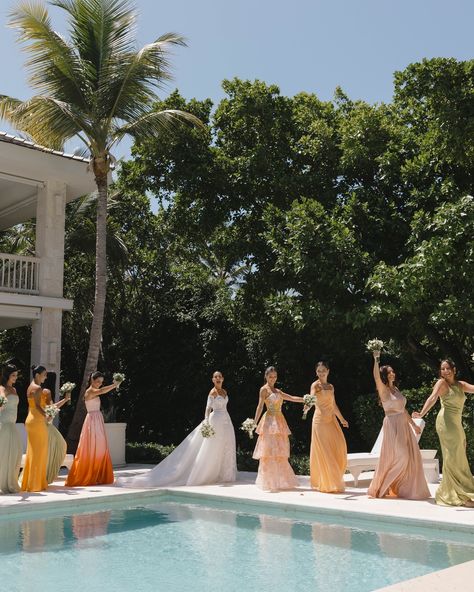 Alexa chose an effortless array of bright tones for her closest girls. The bride wore a Spanish/Mediterranean gown by @zuhairmuradmariage @zuhairmuradofficial— drool worthy! #zuhairmurad #destinationweddingphotographer #bridesmaiddress Father Of The Bride Attire, Bridal Party Shoes, Bridal Party Makeup, Bridal Parties Colors, Bridal Party Hair, Bride Attire, Spanish Mediterranean, Mismatched Bridesmaids, Bridesmaid Dress Styles