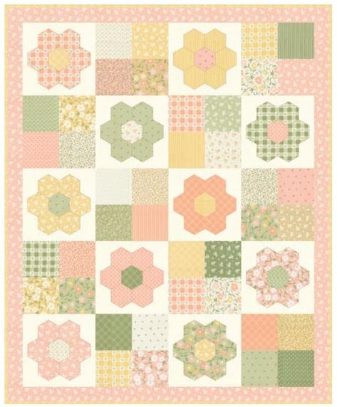 Hexi Hop Quilt Pattern and Quilt Kit ft. Flower Girl by My Sew Quilty Life! 40 1/2" x 49 1/2" finished. Hexie Flower Quilt, Hexi Flower Quilt, Pink And Yellow Quilt, Baby Girl Quilt Patterns, Cute Quilt Patterns, Charm Pack Baby Quilt, Garden Quilt Pattern, Hop Flower, Girl Quilts Patterns