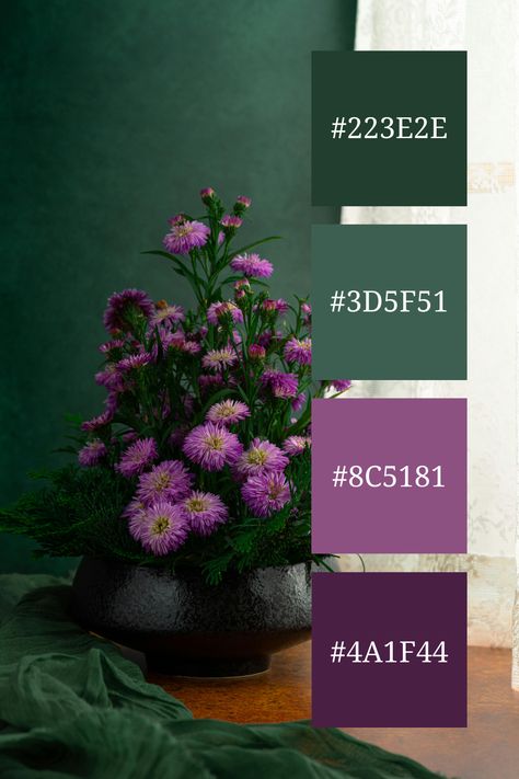 A charming arrangement of asters in a dark ceramic pot, set against a muted green background. The dark purple and green color palette enhances the cozy and refined atmosphere, perfect for a stylish interior. Purple And Green Pallet, Purple Green Silver Color Palettes, Purple Green Black Color Palette, Green Gold Purple Color Scheme, Dark Green Palette Colour Schemes, Dark Green And Dark Purple Wedding, Fall Green Color Palette, Dark Green Complementary Color Palette, Dark Purple Colour Palette