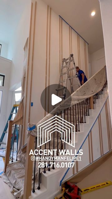 Felipe Romero on Instagram: "Love this project 🤍🤍🤍 color SW-Snow Bound" Accent Wall Staircase, Staircase Accent Wall, Elnaz Golrokh, Stairwell Accent Wall, Staircase Molding, Staircase Wall Decor, Staircase Wall, Trim Work, Wall Trim