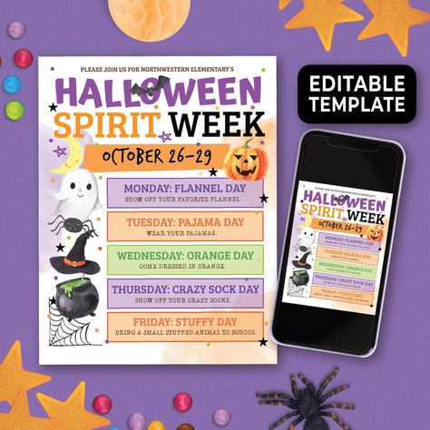 This Halloween themed Spirit Week Flyer is the perfect way to announce your upcoming spirit week.  Just imagine the excitement and eagerness to join in when everyone sees this fun flyer! It features beautiful watercolor images and bright, cheerful colors.  There's plenty of room to include all the details of your Halloween Spirit Week.   This flyer is a DIGITAL TEMPLATE.  ALL of the text is easily editable in your web browser. There is NO NEED to download and learn any new software.  You can EASILY replace any of the text with your own.  CUSTOMIZE it to fit your group's needs.   Download and PRINT as many copies as you need or download and SEND IT ELECTRONICALLY by email, text or social media.      Please note: this is a digital file, NOTHING will be mailed to you.    Thank you so much for Halloween Spirit Week Ideas For School, Halloween Spirit Week Ideas For Work, Halloween Spirit Week Ideas, Fall Spirit Week, Spirit Week Flyer, Pta Flyer, Week Template, Dress Up Days, School Spirit Week