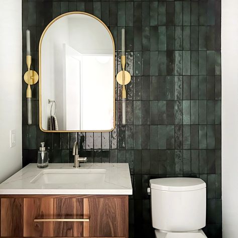 Hotel Lobby Bathroom Design, Bold Bathroom Countertops, Trendy Bathroom Design, Powder Room Half Tile Wall, Classic Masculine Bathroom, Mood Bathroom Ideas, Interior Design Guest Bathroom, Small Hotel Bathroom Design, Small Bathroom Remodel Moody