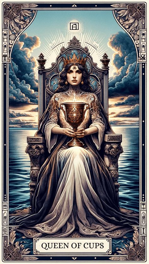 Discover the nurturing essence of the Queen of Cups Tarot card. Dive into emotional intelligence and intuition for relationships, health, and spiritual growthhttps://centerspirited.com/tarot/the-queen-of-cups-card-meaning/ Queen Of Cups Art, Queen Of Cups Tattoo, Queen Of Cups Tarot Meaning, Tarot Queen Of Cups, The Queen Of Cups Tarot, Cups Tarot Cards, Queen Of Cups Tarot Card, Two Of Cups Tarot, Tarot Cards Decks Beautiful