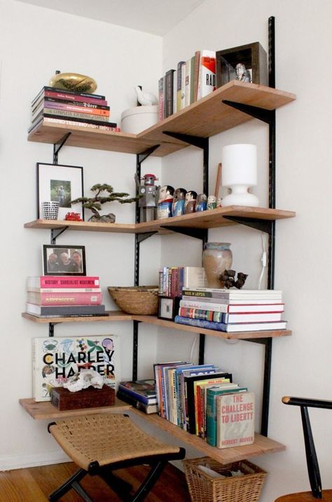 12 Decorating Ideas for Tricky Room Corners Boaxel Ikea Living Room, Boaxel Ikea Ideas Living Room, Track Shelving Living Room, Boaxel Bookshelves, Home Office Shelves Above Desk, Boaxel Ikea Ideas Office, Ikea Boaxel Bookshelf, Boaxel Office, Maximalist Bookshelves