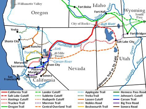 (1820-1860) Western Trails Nevada Ghost Towns, Central Pacific Railroad, Transcontinental Railroad, Donner Party, California Trail, Truckee River, Western Trail, Trail Map, Missouri River