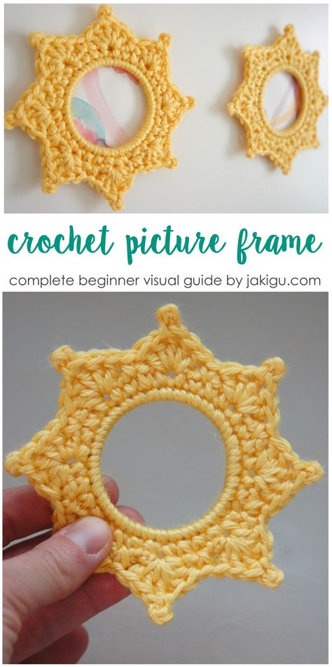 Crochet patterns for beginners - crochet picture frame with picots Crochet Picture Frame, Beginners Crochet Patterns, Knit Stitches For Beginners, Crochet Guide, Amigurumi For Beginners, Crochet Socks Pattern, Frame Pattern, Beginner Crafts, Beginner Crochet Tutorial