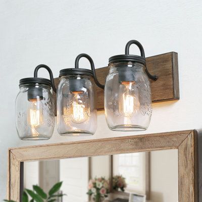 Farmhouse Bathroom Inspiration, Mason Jar Pendant Light, Farmhouse Vanity Lights, Mason Jar Light Fixture, Mason Jar Lights, Farmhouse Vibes, Vanity Light Bar, Farmhouse Vanity, Future Office