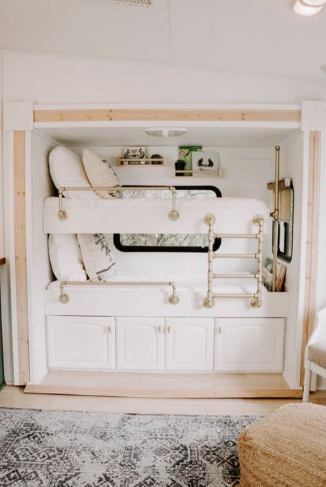 Bunk house in slide! (thearrowanglers) Rv Bunk Beds Ideas, Husbil Makeover, Rv Bunk Beds, Camper Trailer Remodel, Caravan Renovation, Diy Camper Remodel, Rv Renovations, Camper Makeover, Camper Living