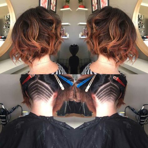 Latest Do Inverted Bob Warm Tones Ombre with Funky Undercut Inverted Undercut Bob, Inverted Bob With Undercut, Thick Long Bob, Hidden Undercut, Bob With Undercut, Curly Angled Bobs, Bob Undercut, Undercut Bob Haircut, Haircut Bob