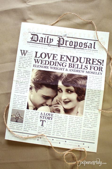 Inspired by the Art Deco era and vintage newspaper layouts, this newspaper wedding invitation design features customizable photography, articles, and a fun games section. The RSVP card contains space on the back to send a telegram to the bride and groom! Newspaper Wedding Invitations, Newspaper Wedding, Deco Wedding Invitations, Invitation Layout, Art Deco Wedding Invitations, Wedding Newspaper, Trendy Wedding Invitations, Vintage Newspaper, Journal Vintage