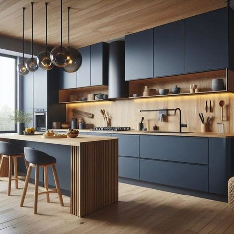 Blue Kitchen Inspiration, Blue Kitchen Interior, Modern Kitchen Design Trends, Blue Kitchen Designs, Modular Kitchen Cabinets, Transitional Decor Kitchen, Kitchen Design Modern White, Kitchen Interior Design Modern, Kitchen Design Trends