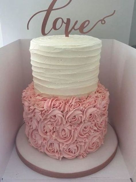 A 2 tier buttercream wedding cake in cream, pink and rose gold. I forgot to take a picture of it set up at the venue. Ma... 2 Tier Rosette Cake Birthday, Pink And White Tiered Cake, Pink And Gold Two Tier Cake, Pink Rosette Cake 2 Tier, Pink And White 2 Tier Cake, 3 Tier Pink And White Wedding Cake, Simple 2 Tier Cakes, Pink And White 2 Tier Birthday Cake, Pink And Gold Tiered Cake