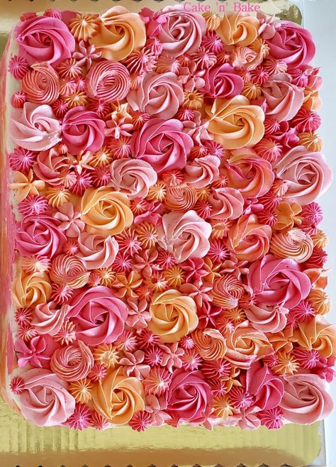 Vanilla sheet cake decorated with dark pink, light pink and peach colored rosettes. Sheet Cake With Rosettes, Rosette Sheet Cake, Pink Sheet Cake, Sheet Cake Decorated, Orange Color Cake, Vanilla Sheet Cake, Pink Rosette Cake, Sheet Cakes Decorated, 22 Bday