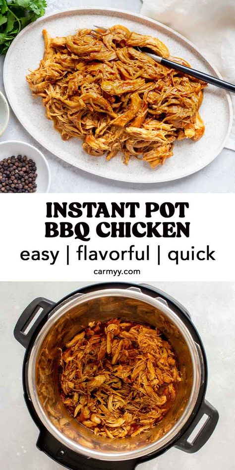 Quick, easy, and flavorful, this saucy Instant Pot BBQ Chicken recipe is perfect for any occasion! This recipe makes for a sweet and tangy fall-apart, tender shredded chicken that’s perfect for sandwiches, salads, BBQ plates, and more. It’s great for feeding a crowd or meal prepping.  Tender, juicy, and flavorful, this instant pot bbq chicken recipe is my go-to whenever I’m not sure what to make! Instapot Barbecue Chicken Recipes, Bbq Chicken Sandwich Instapot, Instapot Shredded Bbq Chicken Recipes, Instant Pot Chicken Cook Time, Instapot Bbq Shredded Chicken, Instant Pot Chicken Recipes Shredded, Instant Pot Chicken Recipes Meal Prep, Instant Pot Easy Chicken Recipes, Instant Pot Bbq Pulled Chicken