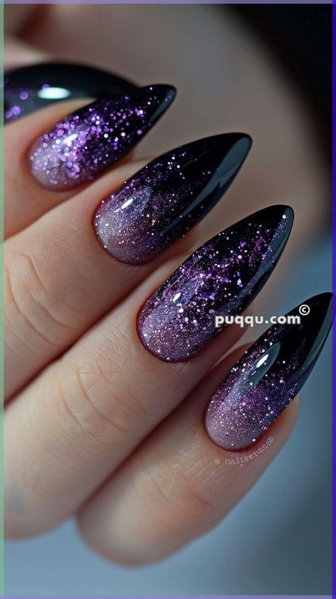 Dark Purple And Blue Nails, Nails For Prom Purple, Dark Purple Sparkly Nails, Dark Purple And Silver Nails, Purple And Black Nail Ideas, Elegant Purple Nails, Purple Manicure Ideas, Nails Inspiration Purple, Beautiful Nails Elegant