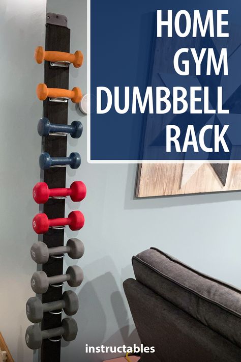 Wall Mounted Dumbbell Storage, Total Gym Storage Ideas, Barbell Storage Ideas, Dumbbell Wall Rack, Wall Dumbbell Rack, Weight Organization Gym, Weight Rack Diy Home Gyms, Peloton Weight Rack, Dumbbell Holder Diy