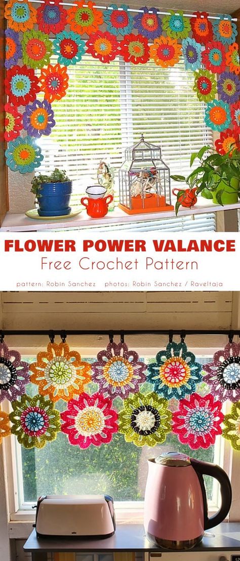 Flower POwer Valance Crochet Patterns Curtains, Granny Square Curtain Free Pattern, Crocheted Window Curtain, Free Crochet Room Decor Patterns, Crochet Window Valance Free Pattern, Crochet Pattern Curtain, Crocheted Curtains Pattern Free, Crochet Granny Square Curtain, Crochet Outside Decor