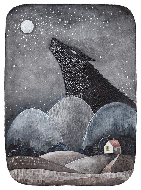 Red Riding Hood Art, Stair Art, Snow Illustration, Artist Prints, Wolf Illustration, Howl At The Moon, Under The Moon, Big Bad Wolf, Wolf Moon