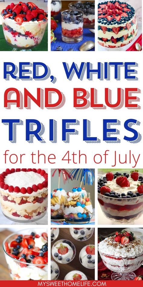 Looking for a patriotic dessert that not only tastes good but looks amazing? Look no further with these red, white and blue trifle recipes perfect for a Memorial Day or 4th of July celebration. 4th Of July Truffle Dessert, 4th Of July Trifle Bowl, Patriotic Trifle Dessert, 4rh Of July Dessert, Red White Blue Desserts Easy, July 4th Trifle Dessert, 4th Of July Trifle Desserts, Desserts For July 4th, Patriotic Desserts Memorial Day