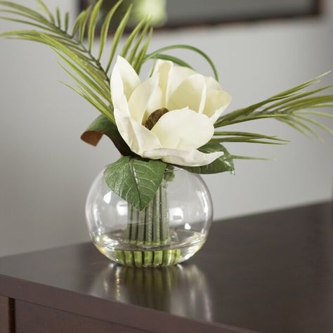 Magnolia Floral Arrangements, Magnolia Arrangement, Glass Bubble Vase, Tropical Centerpieces, Tropical Floral Arrangements, Bubble Vase, Tropical Flower Arrangements, Tropical Luxury, Orchid Centerpieces