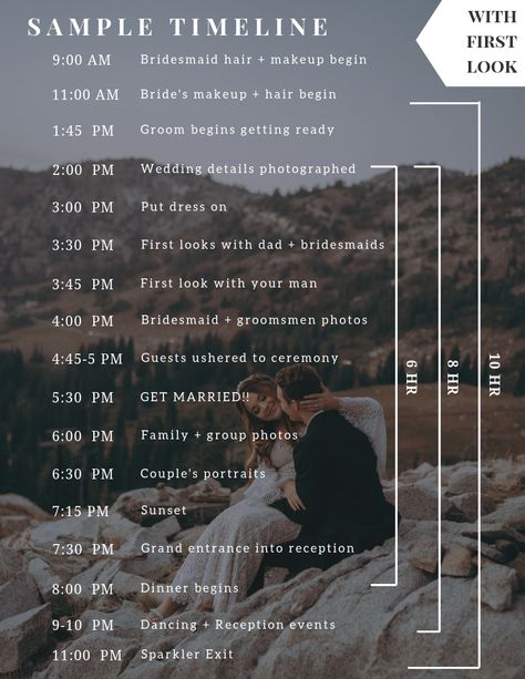 Wedding Photography Itinerary, 8 Hour Wedding Photography Timeline, Wedding Day Photography Timeline, Photographer Timeline Wedding, Wedding Photography Schedule, First Wedding Photography Tips, First Look Wedding Timeline, Wedding Day Timeline 5:30 Ceremony No First Look, Wedding Day Timeline Without First Look