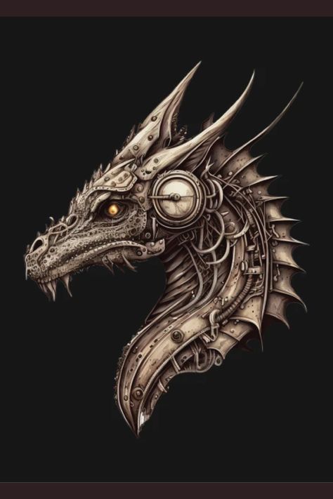 This steampunk dragon t-shirt features a detailed and intricate illustration of a bold and daring dragon, prepared to take on any challenge. The dragon is designed with a steampunk aesthetic, adorned with a variety of gears, cogs, and other mechanical components. Wear this t-shirt with pride and show the world your strength and courage. Steampunk Dragon Art, Mechanical Dragon Art, Steampunk Art Drawing Sketches, Steampunk Dragon Tattoo, Steampunk Pyrography, Steampunk Moodboard, Steampunk Sketch, Machine Dragon, Steampunk Art Drawing