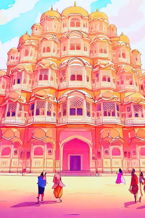 Hawa Mahal, the Palace of the Winds Rajasthan Fort Paintings, Hawa Mahal Aesthetic, Hawa Mahal Painting, Hawa Mahal Illustration, Jaipur Illustration, Jaipur Art, City Palace Jaipur, Hawa Mahal, Photo Walls