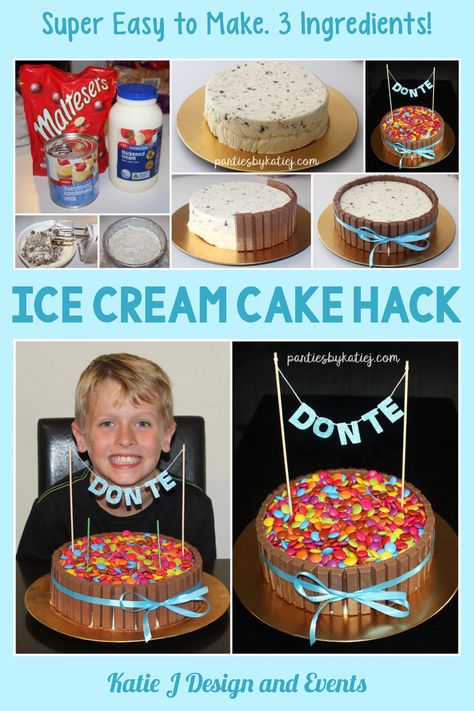 Super Easy ICE CREAM Birthday CAKE HACK with Step by Step Instructions and Photos. No Bake Time Conscience Beautiful Simple Birthday Cakes for Mums in 10 minutes! How to Make Easy Ice Cream Cake with just 3 Ingredients. Tastes Amazing! Simple Cake Ideas and Inspiration. Mud Cake Hack, Simple Cake Ideas, Birthday Cake For Mum, 3 Ingredient Ice Cream, Cream Birthday Cake, Easy Ice Cream Cake, Ice Cream Birthday Cake, Ice Cream Decorations, Blueberry Ice Cream