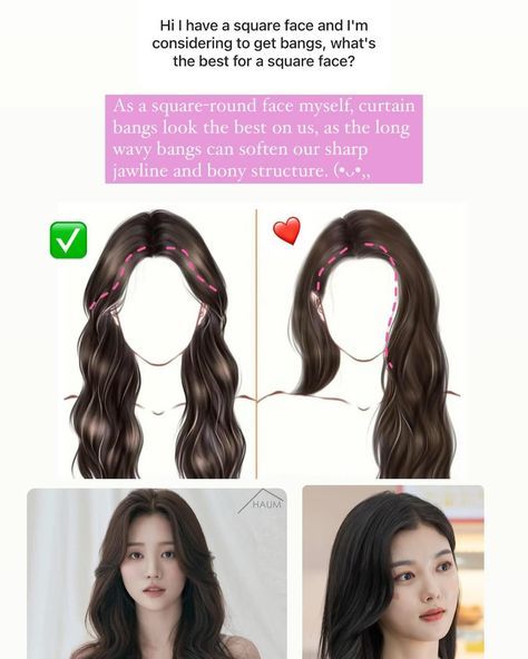 Haïr Style For Square Face, Square Face Shape Women, Curtain Bangs On Round Face, Hair For Square Face Shape, Square Face Shape Hairstyles, Heart Face Shape Hairstyles, Diamond Face Haircut, Bangs For Square Face, Korean Curls