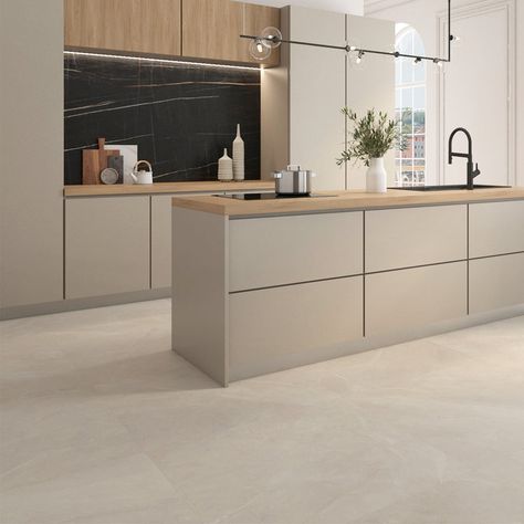 Beige Floor Tile, Taupe Kitchen, Sand Floor, Neutral Kitchen, Beige Kitchen, Kitchen Floor Tile, Kitchen Inspiration Design, Porcelain Flooring, Minimalist Kitchen