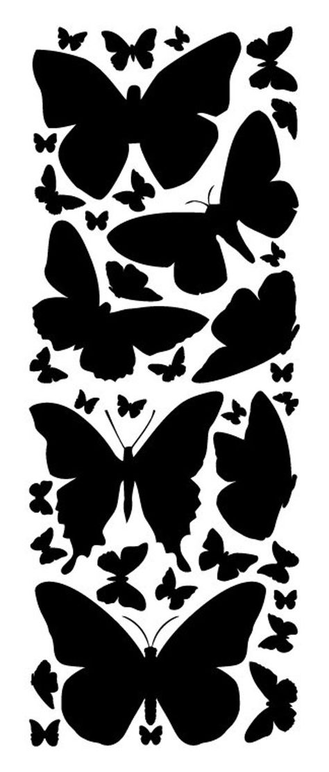 Bring your wall to life with our black butterfly wall decals.  These black butterfly stickers are super easy to install and will never damage your walls or leave a sticky residue.  These butterfly wall graphics will be a great addition to your wall decor.  Your order will include a total of 37 butterfly wall decals.  The largest decal measures approximately 8 inches wide by 5.75 inches high. PRODUCT DETAILS -Quick installation with easy-to-read instructions included -The decals are easily remova Butterfly Sillhoute, Black Butterfly Printable, Butterfly Silhouette Templates, Black Butterfly Stickers, Cricut Wall Decals, Hot Pink Butterfly, Cnc Pattern, Heartbeat Tattoo, Butterfly Cutout