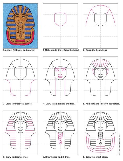 King Tut how to draw instructions. Colored in with oil pastels. Great for ancient Egyptian history. Ancient Egypt For Kids, Ancient Egypt Unit, Egyptian Crafts, History Lessons For Kids, Ancient Egypt Projects, Egypt Crafts, Imperiul Roman, Starověký Egypt, Egypt Project