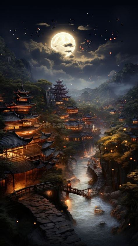 Ancient village of China, beautiful scene, scenery landscape, Chinese lanterns authentic architecture, houses, mystical royalty free stock photograp Chinese Village Aesthetic, Chinese Village Art, Chinese Fantasy Art Landscape, Chinese Village House, Chinese Fantasy Art, Chinese Culture Aesthetic, Landscape China, Ancient China Aesthetic, China Village