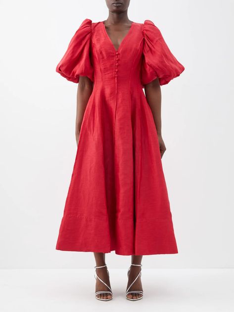 Red Puff Sleeve Dress, Red Outfits, Puff Sleeve Midi Dress, Resort Dresses, Dress Fitted, Puff Sleeve Dresses, Red Midi Dress, Invisible Zip, Puffed Sleeves Dress