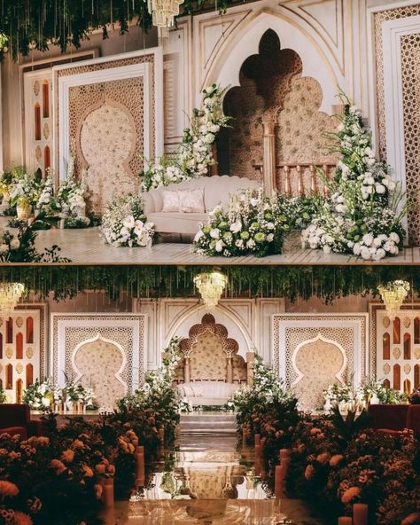 Event Repost | Wow! Everything about this is so elegant.. Decor by @colorsevents Originally featured on @eventrepost.in Follow our page for latest… | Instagram Elegant Reception Decorations, Mughal Wedding Backdrop, Latest Stage Decoration For Reception, Wedding Banquet Decor, Interior Wedding Decor, Minimalist Indian Wedding Decor, Walima Stage Decor, Mughal Wedding Decor, Arab Wedding Decor