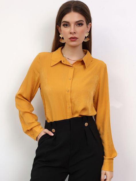 Mustard Yellow Casual  Long Sleeve Polyester Plain Shirt Embellished Non-Stretch Spring Women Tops, Blouses & Tee Mustard Button Up Shirt Outfit, Mustard Yellow Blouse Outfit, Dark Yellow Outfit, Mustard Blouse Outfit, Mustard Yellow Top Outfit, Mustard Yellow Shirt Outfit, Mustard Shirt Outfit, Yellow Button Up Shirt Outfit, Mustard Top Outfit